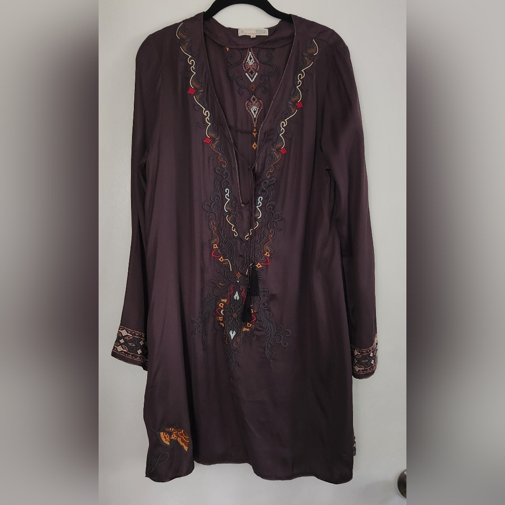 Odd Molly Dress Anthropologie Size 3=L Chocolate Brown Satin Embroidered